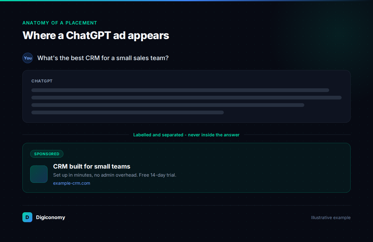 A ChatGPT ad appears as a labelled sponsored card directly below the assistant's answer, never inside it.