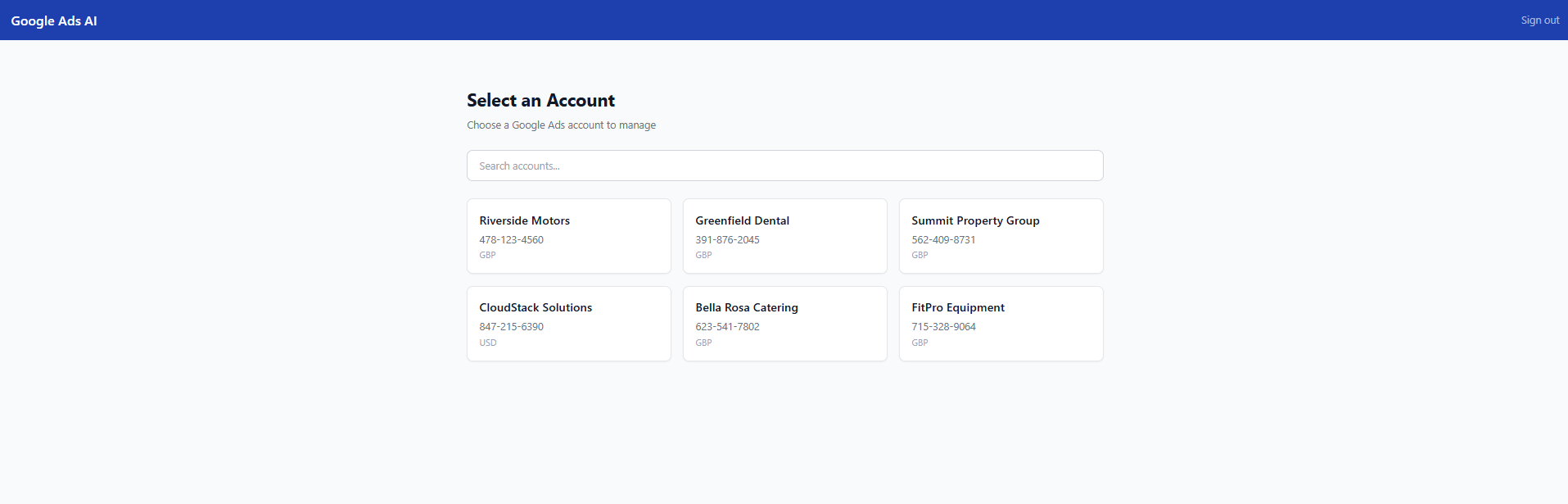Account picker showing Google Ads accounts under the MCC, with search functionality