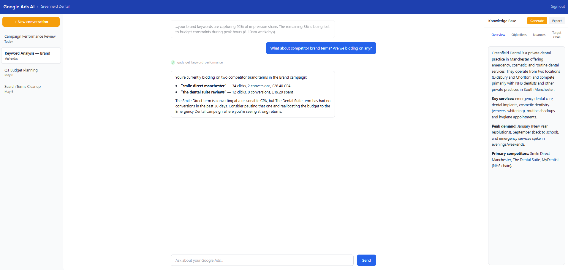 Chat window showing the assistant analysing competitor brand terms for a dental practice, with the Knowledge Base sidebar displaying account context